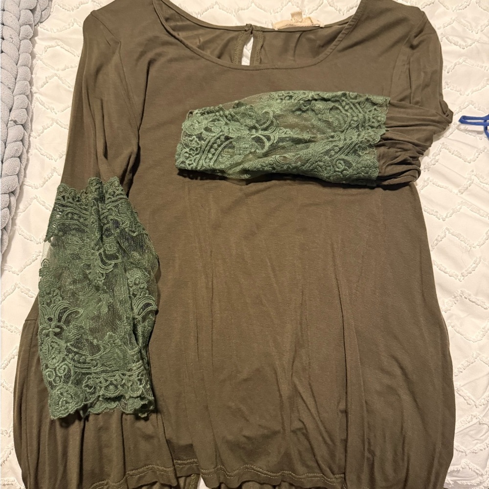 Altar'd State Olive Green Lace Sleeve Top